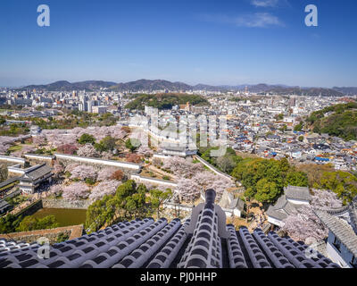 Aerial view of Himeji City from Himeji Castil in cherry blossom season. Stock Photo