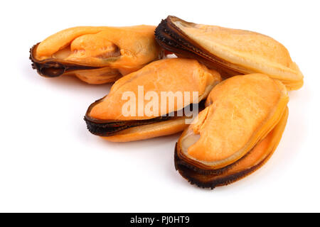 four mussel without shell isolated on white background Stock Photo