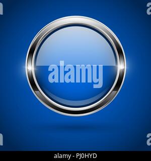 Blue round button with metal frame. On blue background Stock Vector
