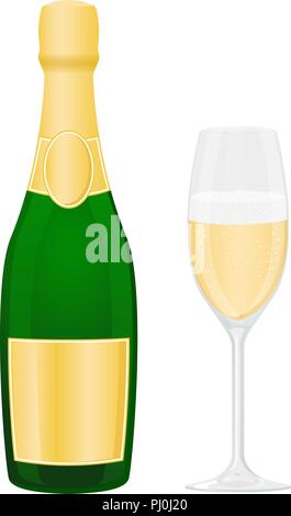 Bottle and glass of sparkling wine or champagne. Colored vector illustration Stock Vector