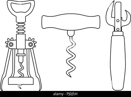 Corkscrews and can opener. Outline drawing Stock Vector