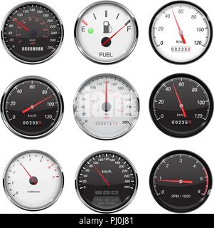 Car dashboard gauges. With metal frame. Collection of speed, fuel devices Stock Vector