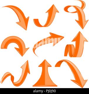 Orange 3d arrows. Bent and curled up icons Stock Vector