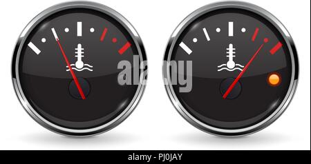 Temperature car gauge set. Black device with chrome frame. Low and high level Stock Vector