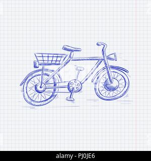 Bike. Blue hand drawn sketch on lined paper background Stock Vector