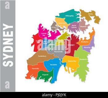 Colorful Sydney administrative and political map. Stock Vector