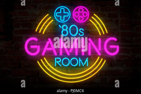 Gaming room '80s retro neon 3d illustration. Electric symbol and lettering on bricks wall background. Vintage game concept. Stock Photo