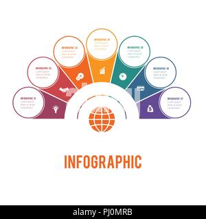 Colorful semicircle and circles.  Elements of Infographics Conceptual Cyclic Processes for 7 Positions Possible to Use for Workflow, Banner, Diagram,  Stock Vector