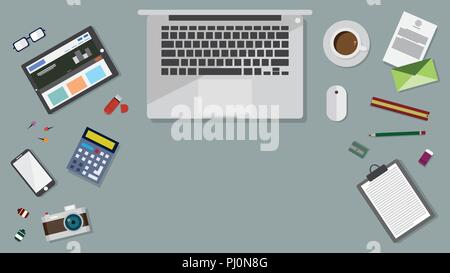 Top view of table working and working desk and free space for text with accessory on the table, laptop, notebook, phone, camera, pen, coffee cup Stock Vector
