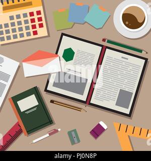 Top view of table working and working desk and free space for text with accessory on the table, laptop, notebook, phone, camera, pen, coffee cup Stock Vector