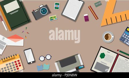 Top view of table working and working desk and free space for text with accessory on the table, laptop, notebook, phone, camera, pen, coffee cup Stock Vector
