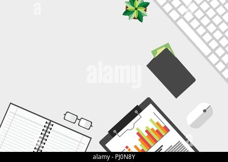 Top view of table working and working desk and free space for text with accessory on the table, laptop, notebook, phone, camera, pen, coffee cup Stock Vector