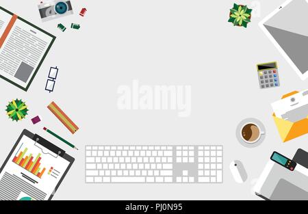 Top view of table working and working desk and free space for text with accessory on the table, laptop, notebook, phone, camera, pen, coffee cup Stock Vector