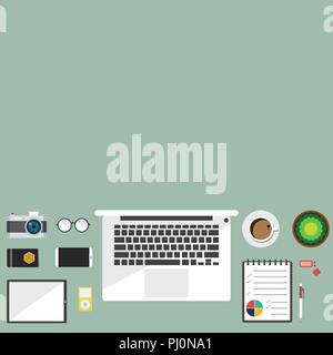 Top view of table working and working desk and free space for text with accessory on the table, laptop, notebook, phone, camera, pen, coffee cup Stock Vector