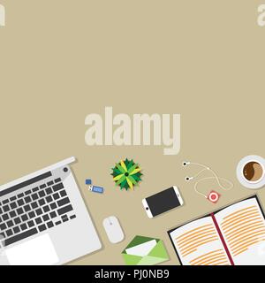 Top view of table working and working desk and free space for text with accessory on the table, laptop, notebook, phone, camera, pen, coffee cup Stock Vector