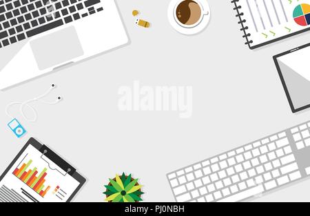 Top view of table working and working desk and free space for text with accessory on the table, laptop, notebook, phone, camera, pen, coffee cup Stock Vector