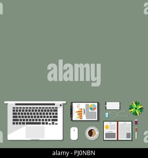 Top view of table working and working desk and free space for text with accessory on the table, laptop, notebook, phone, camera, pen, coffee cup Stock Vector