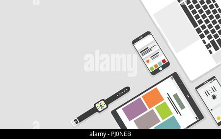 Top view of table working and working desk and free space for text with accessory on the table, laptop, notebook, phone, camera, pen, coffee cup Stock Vector