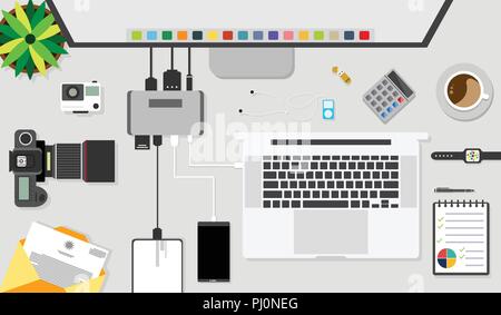 Top view of table working and working desk and free space for text with accessory on the table, laptop, notebook, phone, camera, pen, coffee cup Stock Vector