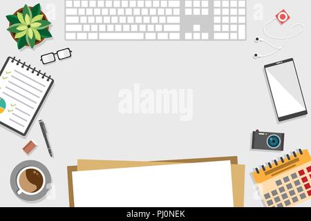 Top view of table working and working desk and free space for text with accessory on the table, laptop, notebook, phone, camera, pen, coffee cup Stock Vector