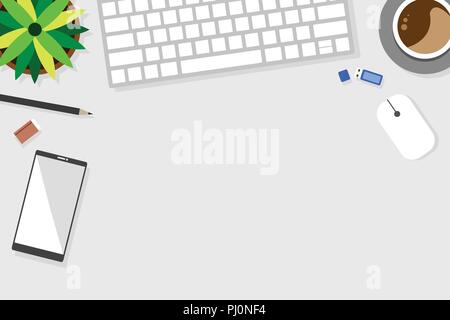 Top view of table working and working desk and free space for text with accessory on the table, laptop, notebook, phone, camera, pen, coffee cup Stock Vector
