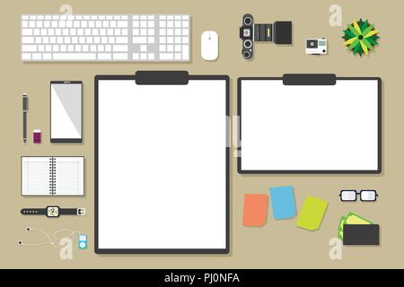 Top view of table working and working desk and free space for text with accessory on the table, laptop, notebook, phone, camera, pen, coffee cup Stock Vector