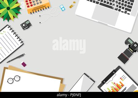 Top view of table working and working desk and free space for text with accessory on the table, laptop, notebook, phone, camera, pen, coffee cup Stock Vector