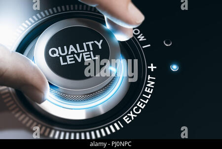 Hand turning a quality knob to improve the quality. Composite image between a hand photography and a 3D background. Stock Photo