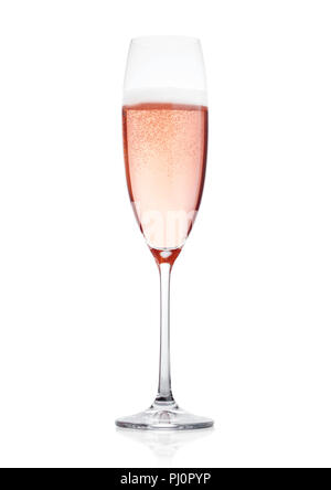 Rose pink champagne glasses with bubbles isolated on white background Stock Photo