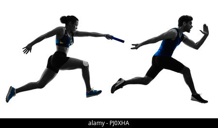 athletics relay runners sprinters running runners in silhouette isolated on white background Stock Photo