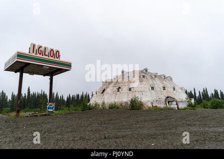 AUGUST 1 2018 - CANTWELL, ALASKA: Old abandoned Igloo City hotel and gas station sits along the George Parks Highway in Alaska Stock Photo