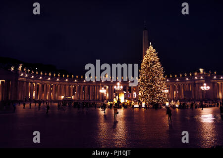 Rome, ITALY - December 11, 2017: Saint Peter's square with huge Christmas tree at night. ROME - December 11, 2017 Stock Photo
