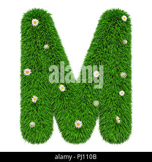 Green letter M from grass with flowers, 3D rendering isolated on white background Stock Photo