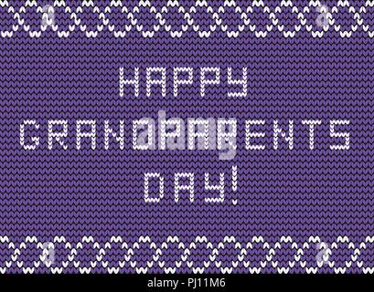 Happy grandparents day white knitted fabric script inscription on purple knitting background with wavy ornament. Greeting card for grandmother and gra Stock Vector