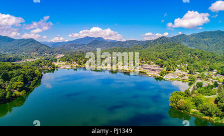 Drone Aerial of Lake Junaluska near Waynesville and Maggie Valley North Carolina NC during Autumn Fall. Stock Photo