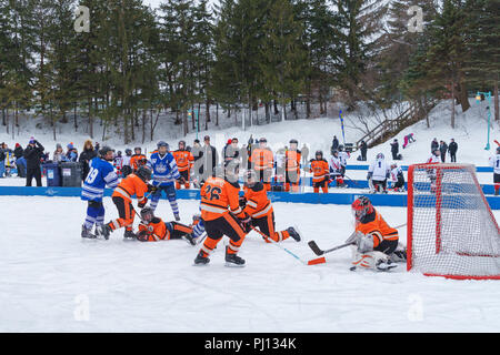 Boys playing ice hockey on an exterior rink. Centre de la nature, Laval, province of Quebec, Canada. Stock Photo