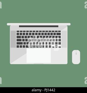 Top view of computer notebook with mouse on green background, Vector of computer laptop icon Stock Vector