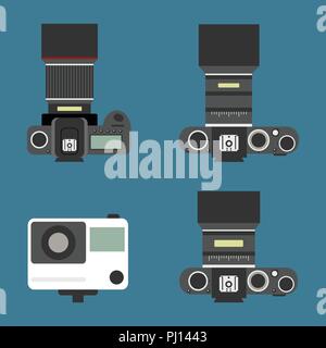 Set of camera vector with DSLR, Mirrorless camera and Action camera. Stock Vector