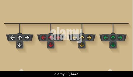 Set of traffic light signal for turn left, turn right, straight and turn back, Flat design and vector of traffic light icon Stock Vector