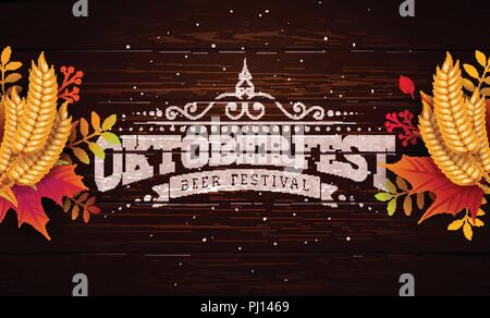 Oktoberfest Banner Illustration with Typography Lettering on Vintage Wood Background. Vector Traditional German Beer Festival Design Template with Wheat and Autumn Leaves for Greeting Card, Invitation, Celebration Flyer or Promotional Poster. Stock Vector