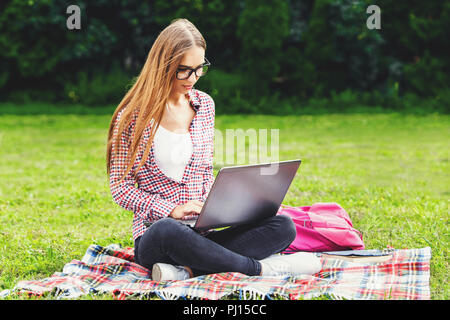 Young attractive european college student wearing plaid shirt sitting on the lawn at campus on sunny day, working on her thesis using laptop computer, looking busy and concentrated Stock Photo