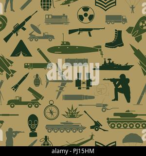 Military background. Seamless pattern. Military elements, armored vehicles. Vector illustration Stock Vector