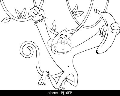 Cartoon happy monkey hanging and holding banana Stock Photo