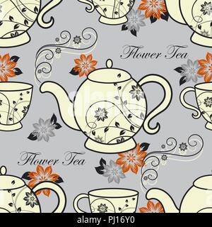 Seamless pattern with teapots and cups with floral design elements. Stock Vector