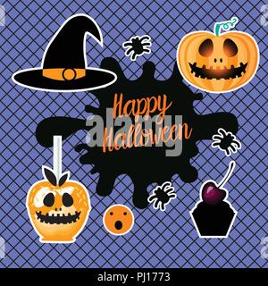Happy Halloween design. Set of hearts hand draw. Vector illustration isolated on blue background. Black fishnet tights seamless pattern. Stock Vector