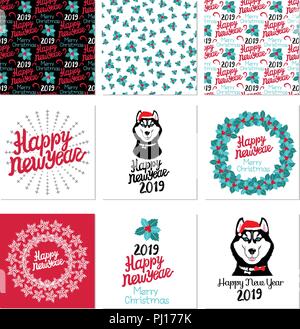 Set Happy New Year and Merry Christmas card. 3 seamless pattern Mistletoe with red berries. Vector illustration on white background. Stock Vector