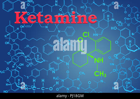 Ketamine. Chemical formula, molecular structure. 3D rendering Stock Photo