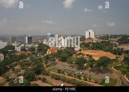 aerial view overlooking the hexagonal Kampala Serena International Conference Centre and to Kampala city beyond. Stock Photo