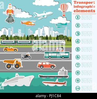 Transport infographics elements. Cars, trucks, public, air, water, railway transportation. Retro styled illustration. Vector Stock Vector