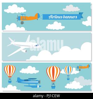 Set of flying airplanes banners for your text. Vector illustration Stock Vector